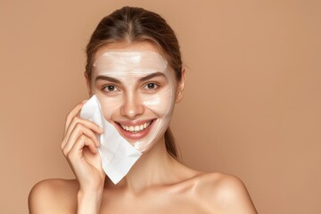 Young pretty European woman removing moisturizing, rejuvenating white fabric sheet mask from her face after using it, smiling at camera, beige, Generative AI