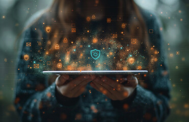 Hands Holding a Tablet Displaying a Network of Secure Digital Connections