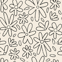 Abstract seamless pattern with cute crayon flowers. Vector outline floral background in naive style