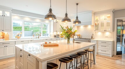 A bright suburban kitchen with a large island, pendant lights, and white cabinetry.