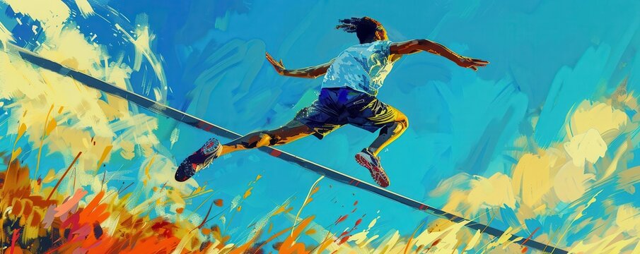 Athlete dramatically clearing the bar in high jump competition. Free copy space for text.