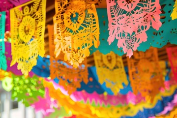 Colorful Paper Cut-Out Decorations Hanging from a Ceiling