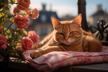 Orange tabby cat lying on a pink cushion with blooming flowers on a sunlit city balcony