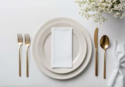 Elegant dining table setting with blank white menu mockup laying on plate. Restaurant napkin invitation card template with copy space for weddings, romantic dinner