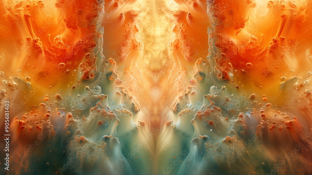 Poster vivid abstract flow of paint colors creating swirling patterns in a deep orange and blue background