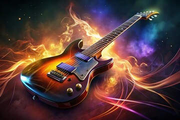 A burning electric guitar resting on rocks against a cosmic background