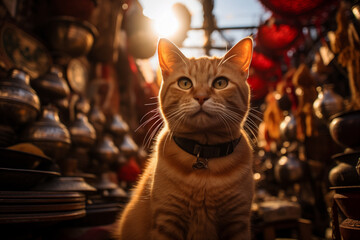 A red-haired cat exploring a lively oriental market with colorful stalls around, surrounded by oriental utensils