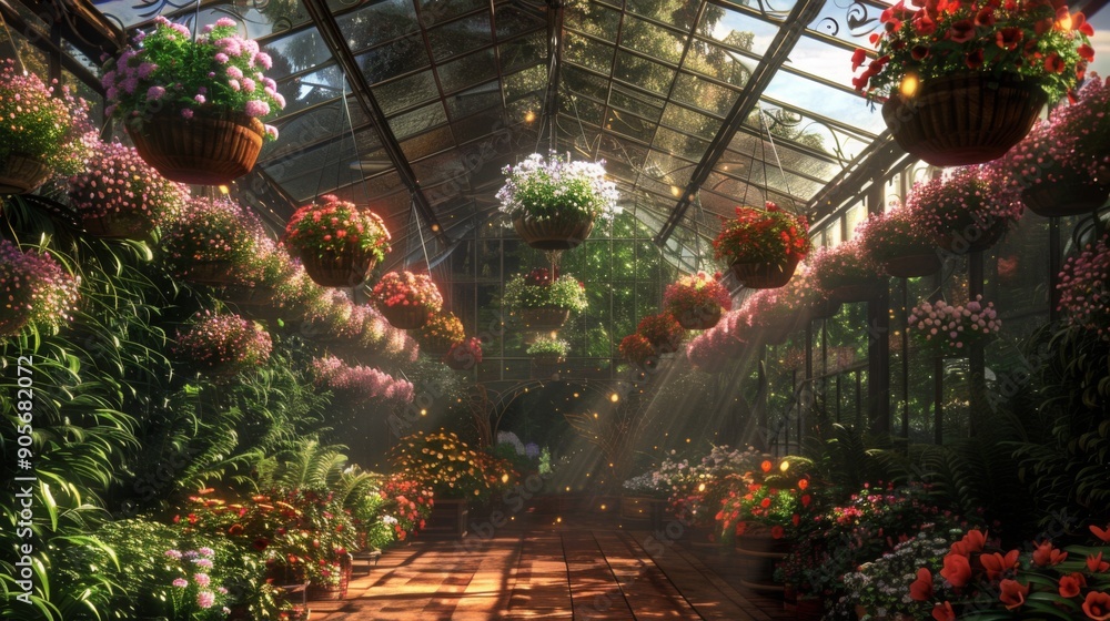 Poster Sunlight streams through a botanical conservatory adorned with vibrant hanging plants, creating a serene and magical atmosphere.