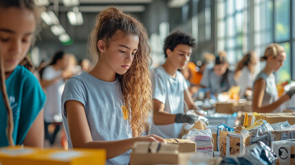 Volunteers Working Together at a Food Bank Distribution Center