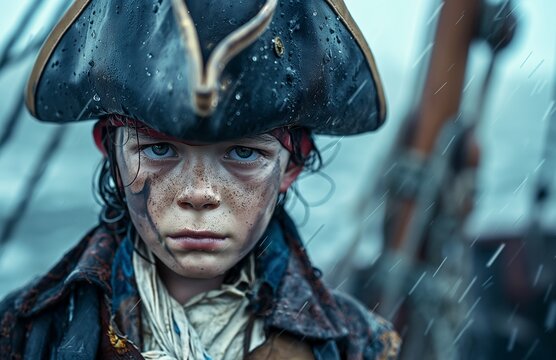 A little boy pirate wearing a tricorn hat on the ship