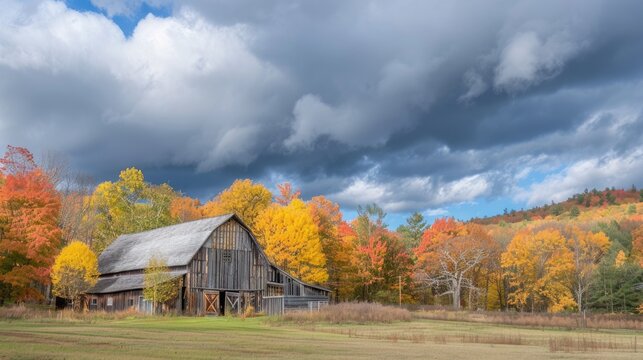 The Berkshires. Autumn Agriculture: Wooden Barn in Colorful Rural Landscape