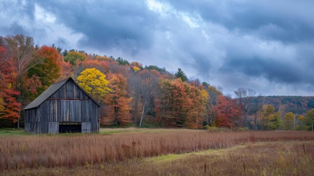 The Berkshires. Autumn Landscape with Wooden Barn and Colorful Fall Foliage