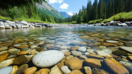 Naklejka premium A tranquil mountain stream with clear water, smooth stones, and overhanging trees, ultra HD