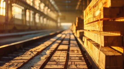 Wood industry Lumber warehouse rail transport preparation Textured focused profile view space for text