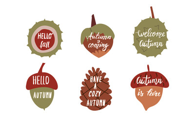 Autumn lettering with cute and cozy design elements decorative bundle. Hand drawn lettering vector set. Fall season handwritten quotes stickers pack. Fall inscription collection isolated on white