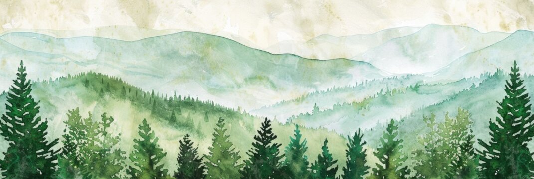 Country Invite. Watercolor Mountain Wedding Invitation with Forest Landscape