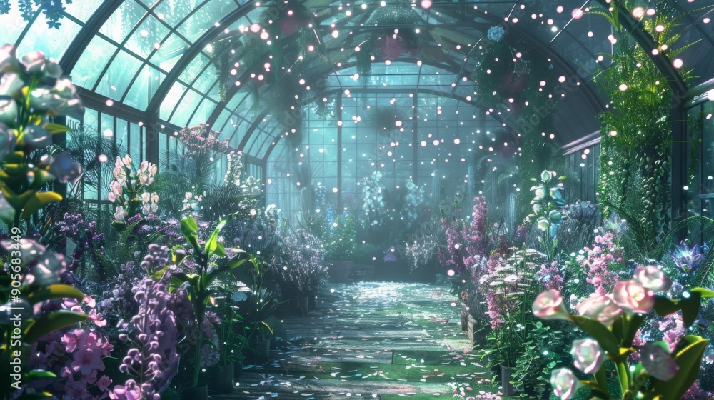 Poster a vibrant greenhouse filled with colorful flowers, illuminated by soft sunlight, creating a serene a