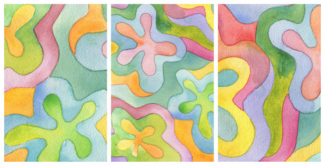 Ink watercolor hand drawn geometric stain painting blot. Multi-colored paper texture background. Set.