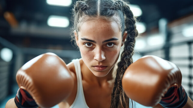 Focused female boxer with braided hair and wearing boxing gloves, intensely looking at the camera in a boxing gym.