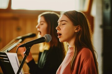 Voice Lesson. Vocal Coach Training Student in Singing at Music School