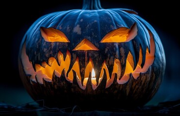 Fototapeta premium Halloween Jack o Lantern Pumpkin with a spooky face