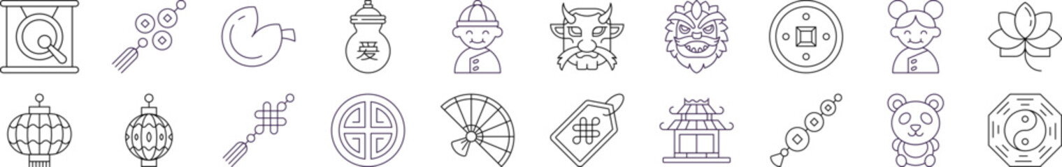 Collection of icons of Chinese New Year for Advertisement. Suitable for books, stores, shops. Editable stroke in minimalistic outline style. Symbol for design