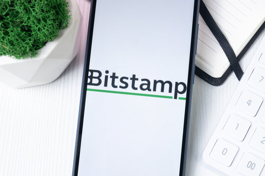 New York, USA - 1 August 2024: Bitstamp Logo on Phone Screen, Crypto Exchange Company Sign
