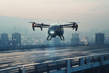 Modern self-driving electric air taxi landing on the helipad, air transport vehicle flying