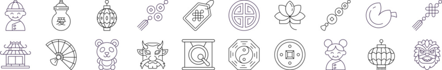 Collection of Line Signs of Chinese New Year. Suitable for books, stores, shops. Editable stroke in minimalistic outline style. Symbol for design