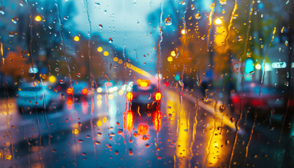 Fototapeta premium Cityscape of autumn rainy street, city lights through glass, cars blurred in motion, moody atmosphere, highlighting urban fall scenery, rainy weather, vibrant reflections, dynamic movement background
