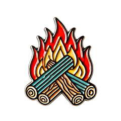 Enamel pin featuring a cozy campfire, perfect for adding a bonfire theme to your accessories, isolated on white background, PNG