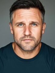 Obraz premium Close-up portrait of a middle-aged man with blue eyes and a serious expression, ideal for ID card use.