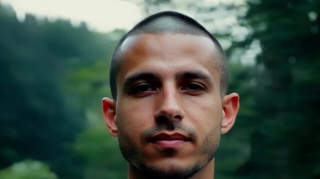 A closeup of a young man with a shaved head his eyes closed and a serene expression as he practices mindfulness and connects with nature in a secluded forest.