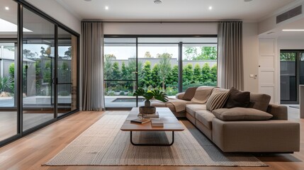 A contemporary suburban living room with a sleek sofa, a minimalist coffee table, and a large sliding glass door leading to a patio.