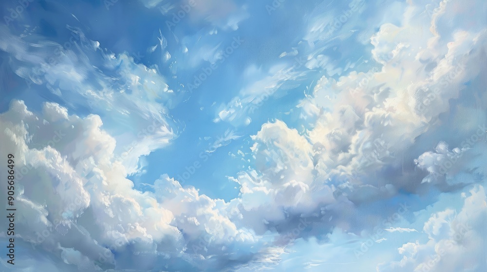Poster summer sky with mixed cumulus and cirrus clouds