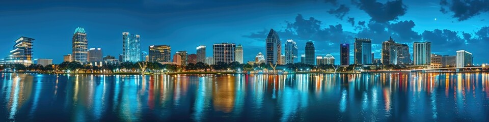 Obraz premium Central Florida Cityscape: Downtown Orlando Skyline at Night along River