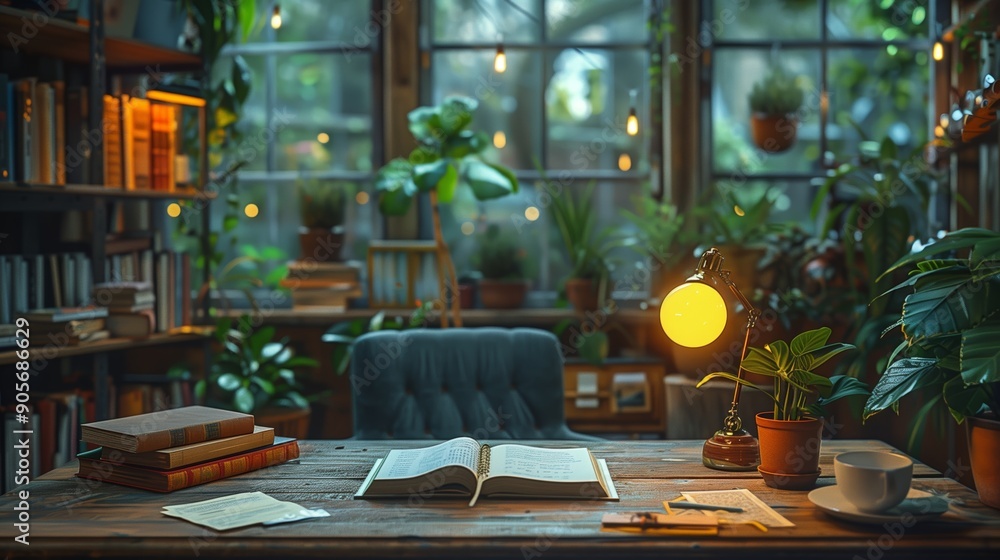 Poster cozy reading nook surrounded by lush greenery in a tranquil library setting during the evening