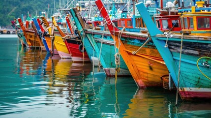 Obraz premium Commercial Fishing Asia. Vibrant Asian Fishing Boats in Port Setting