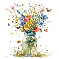 Flowers In Mason Jar. Watercolor Illustration of Wildflower Bouquet in Glass Vase with Butterflies