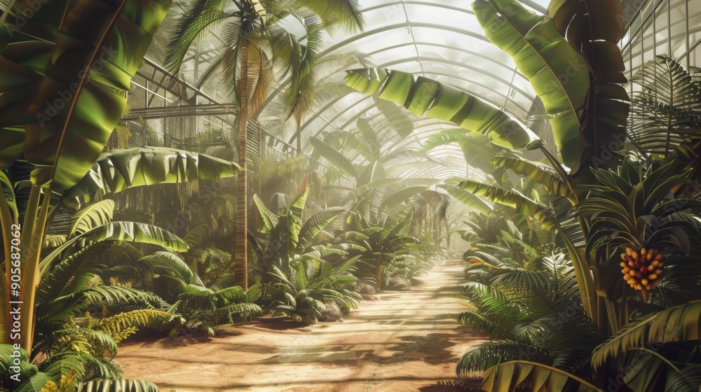 Poster a vibrant conservatory filled with tall tropical plants and palms, illuminated by warm sunlight filt