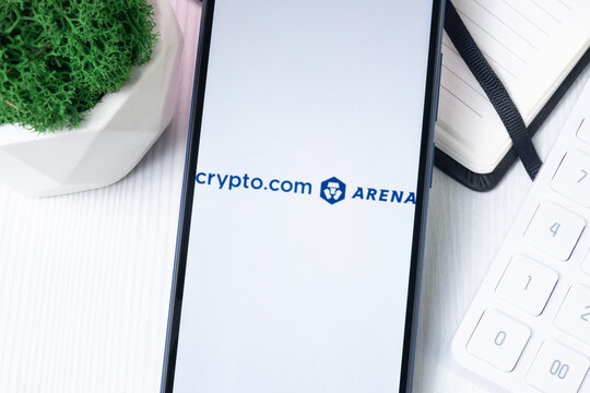 New York, USA - 1 August 2024: crypto.com arena Logo on Phone Screen, Crypto Exchange Company Sign