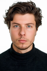 Obraz premium Passfoto eines jungen Mannes mit schwarzem Pullover und modischem Bart