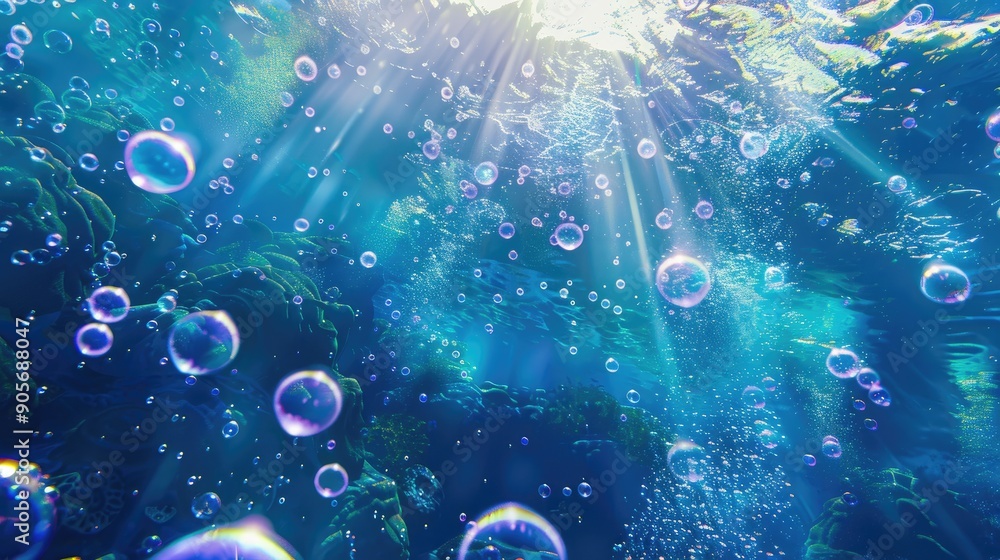 Poster underwater scenery with sunlight and bubbles in the deep ocean