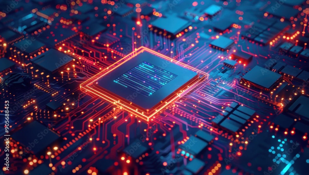 Poster circuit board with glowing central processing unit