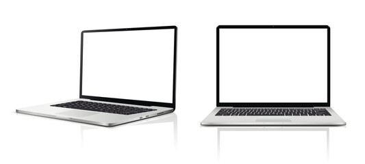 Laptop computer blank white screen on white background with reflection