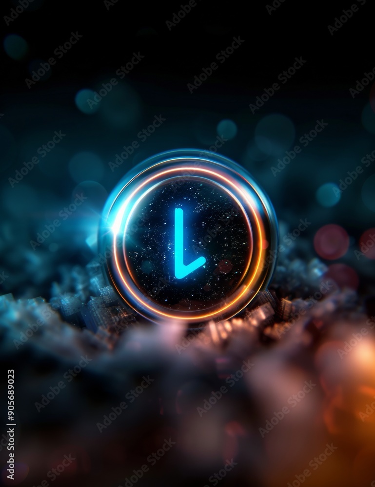 Poster glowing button in dark environment with colorful bokeh effects
