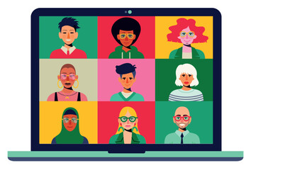 team colleagues video call, meeting zoom. Inclusive people men and women connecting together, learning or meeting online with teleconference. Open laptop.