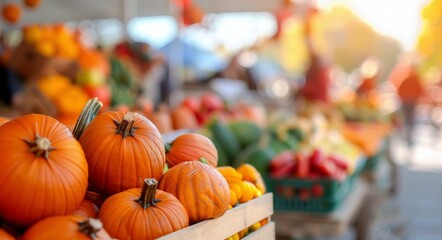 Autumn Harvest Market With Colorful Pumpkins and Seasonal Flowers in October