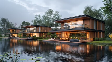 Modern Waterfront Villas Surrounded By Lush Greenery At Dusk Reflecting In Calm Waters