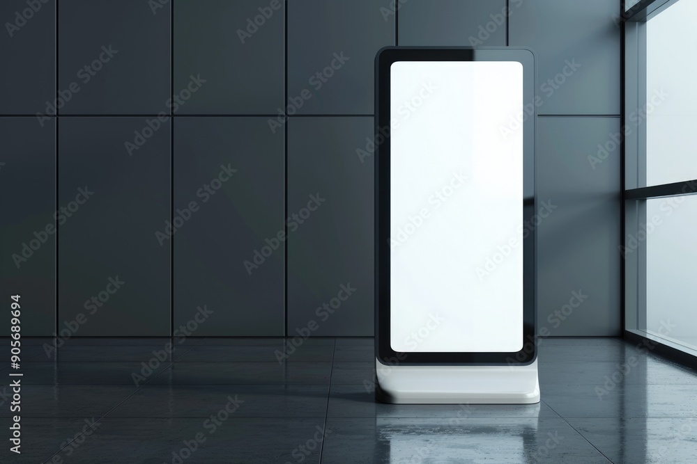 Poster touch screen kiosk. 3d rendering of blank trade show lcd stand for racked advertising display